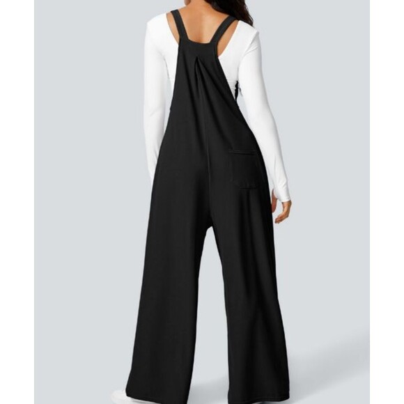 Halara WaffleTextured Adjustable Strap Pleated Wide Leg Overalls In Black Sz XL - Picture 8 of 8